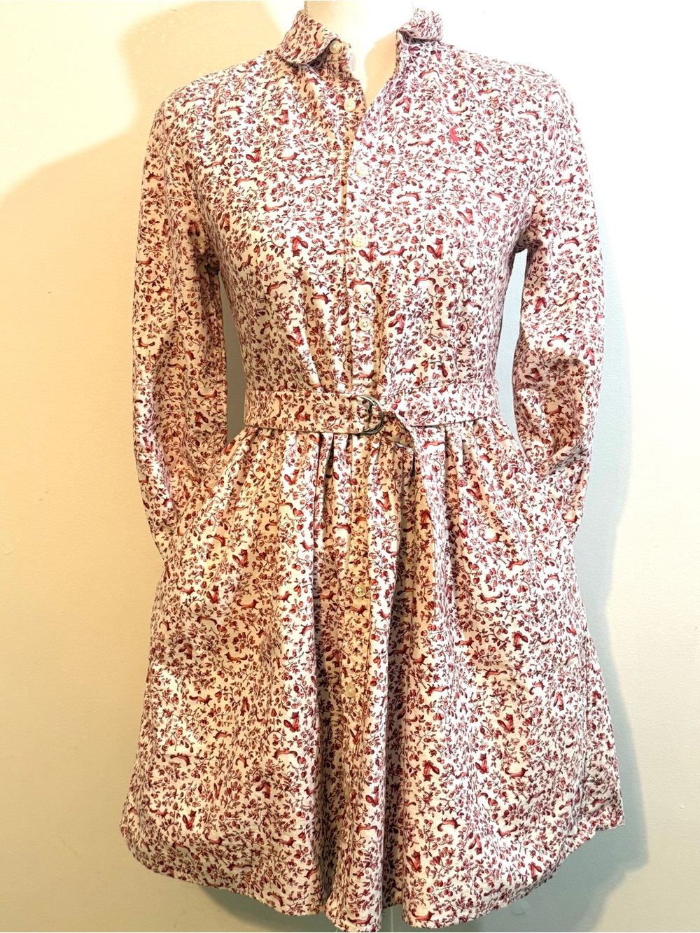 Polo Ralph Lauren Fox Print Cotton Belted Shirtdress, Size Girls 16